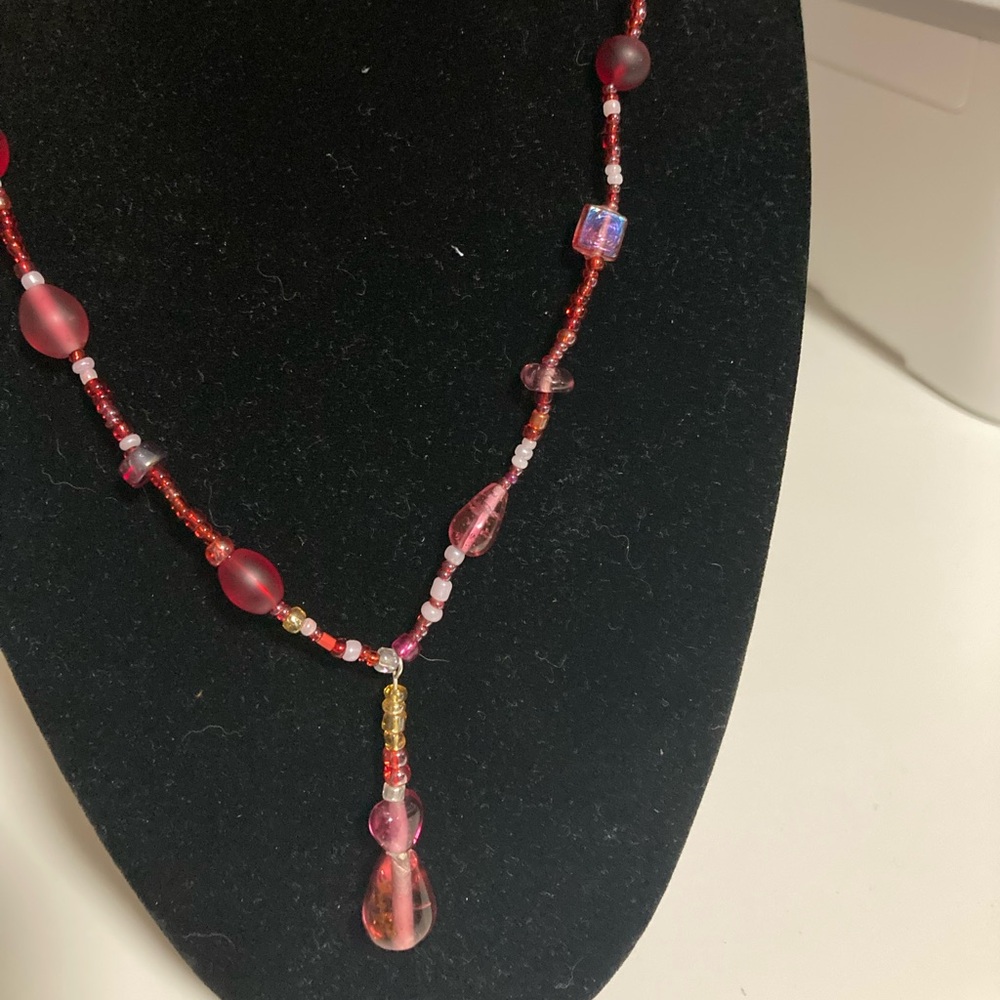 Handmade red beaded y-shaped necklace, magnetic clasp, statement necklace